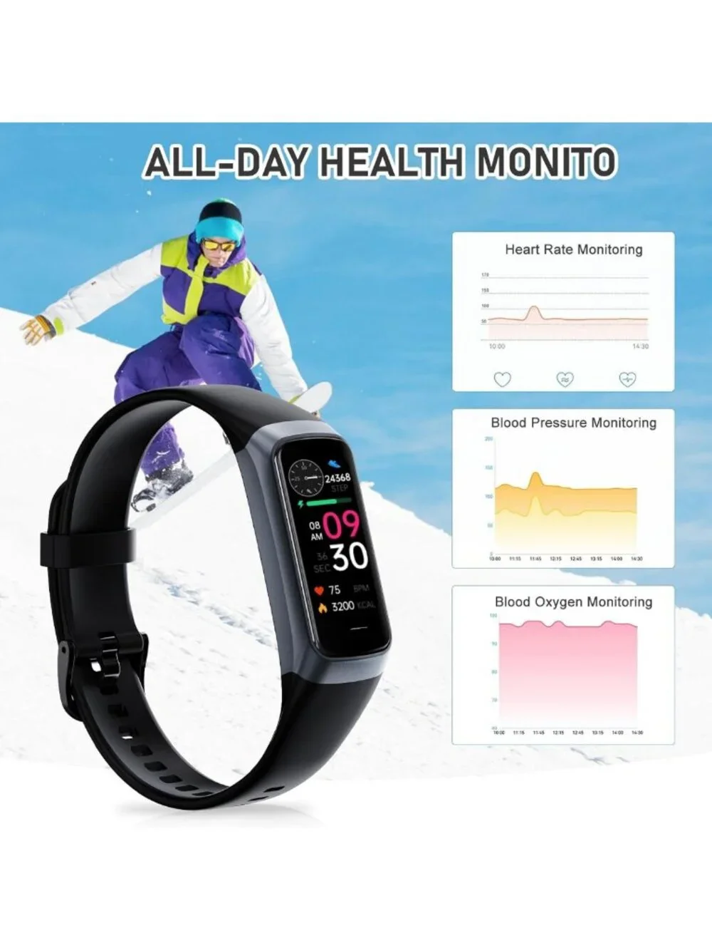Smart Fitness Tracker with Heart Rate, Blood Pressure, Pedometer & Sleep Monitor